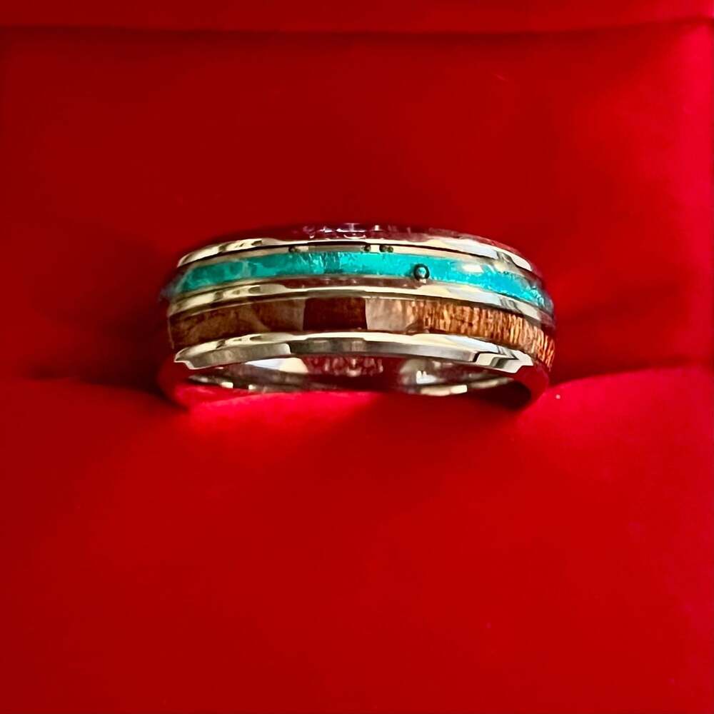 Tungsten Turquoise Koa Wood Polished Finish 6mm Silver Ring Size 12